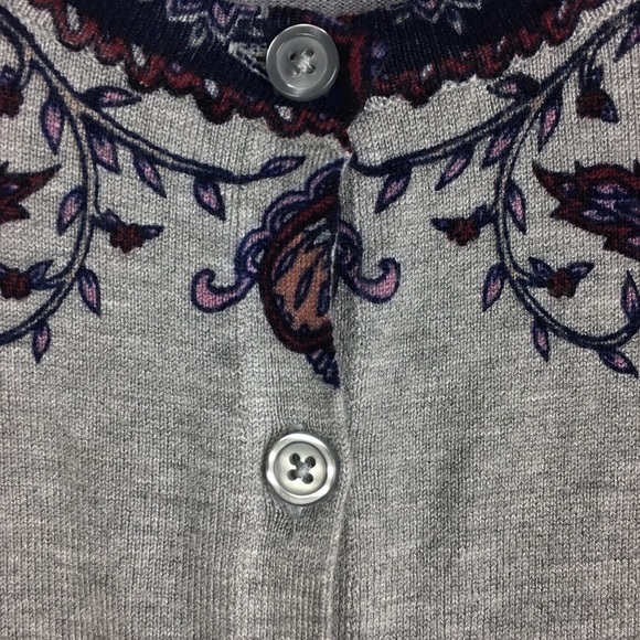 DRESS BARN Cardigan Sweater Paisley Floral 3/4 Sleeves Grey Purple Size Large - Picture 10 of 11